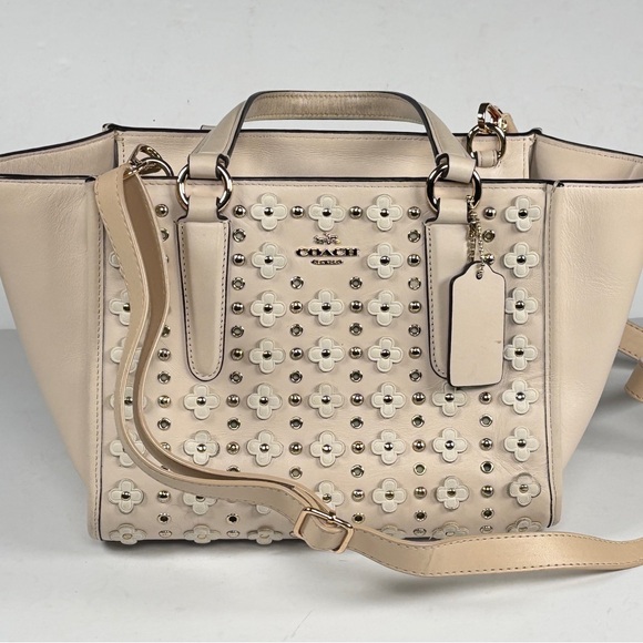 Coach Cream Beige Tea Rose Floral Studded Tote Bag shoulder bag - Picture 4 of 15